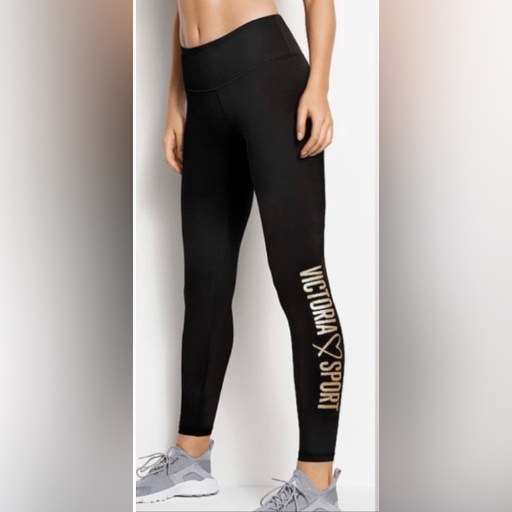 NWT Victoria's Secret Black Leggings with Gold Logo